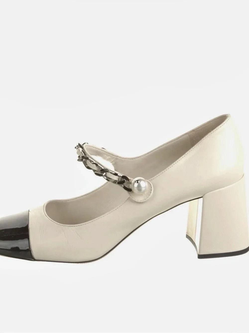 Miu Miu Two-Tone Patent Leather Pearl Chain Heels Cream & Black EU 39